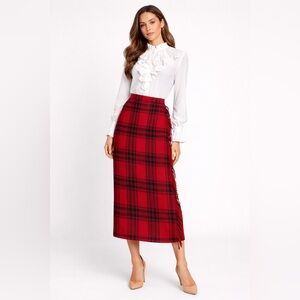 Cambridge Country Red Plaid Wool Wrap Skirt Fringe Lined Women’s 4